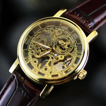 Ganador De La Marca Transparente Luxruy Caja De Oro De Lujo De Diseño Casual Marrón Correa De Cuero De Los Hombres Estudiante Reloj Mecánico Reloj Esqueleto