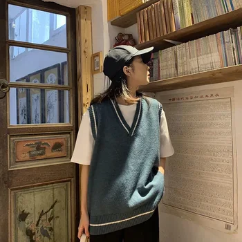 VmewSher de las Nuevas Mujeres Chaleco de Color Bloque de Patchwork Estilo coreano cuello en V Suéter de Punto Casual Estudiante sin Mangas de Mujer de la Vendimia Chaleco