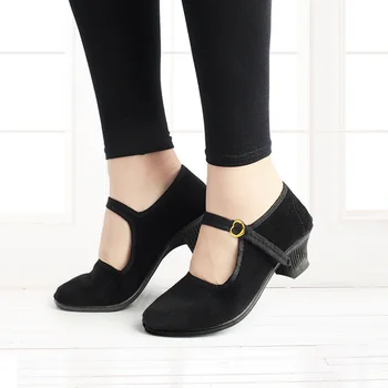 Casual Zapatos de Baile Yangko Ballet Zapatos de Suela de Goma Hebilla de Broche de Zapatillas Negro Suave Gimnasia Zapatos Con Tacón de 3,5 cm