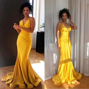 Elegante Amarillo Vestido V-Cuello de la Sirena Sexy Vestido de Noche Largo, Más el Tamaño de 2019 Largo Prom Vestidos de Fiesta vestido de fiesta