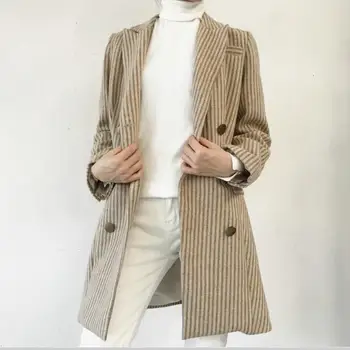 2020 otoño de doble botonadura de lana chaqueta de las mujeres collar con muescas de rayas de manga larga suelta pequeño traje