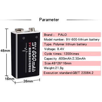 PALO de 9V Recargable de la Batería de 600mAh batería de Li-ion de la batería de 9V 6F22 batería de litio batteria de alta capacidad para guitarra juguetes