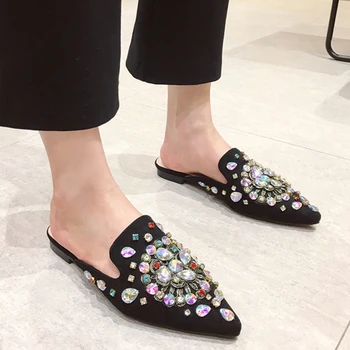 El Color De Cristal De La Mula Zapatos De Mujer Zapatillas De Tacón Bajo Diapositivas Femenino Bling Rhinestone Mocasines Resbalón En Las Señoras De La Moda De Primavera De Zapatos De Mujer