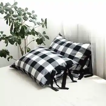 74x48/50x80cm 2pcs blanco y negro a cuadros, funda de almohada de algodón de la envolvente de fundas de almohada de la cama de la moña par funda de almohada