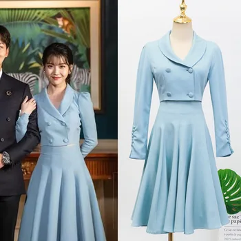 2 piezas del Conjunto de las Mujeres 2019 coreano Elegante IU 장만월 Azul de la Capa Superior Y la Falda de Dos piezas de Trajes de Primavera, de Otoño Chaqueta de Alta Cintura de la Falda