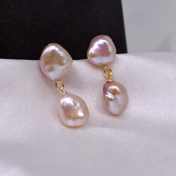 Pequeño púrpura barroco pendientes, estilo simple, natural barroco perlas, pendientes de las señoras