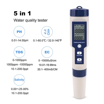 Nuevo 5 en 1 TDS/EC/PH/Salinidad/Temperatura Medidor Digital de la Calidad del Agua del Monitor Tester para Piscinas, Agua Potable, Acuarios No Bac