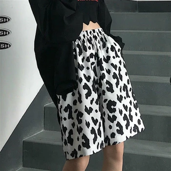 Pantalones cortos de las Mujeres Harajuku Vaca de Impresión Ins Elegante Verano de Ocio, Pareja Streetwear Cintura Elástica Todos-partido de la Vendimia Suelto de Mujer Corto de Nuevo