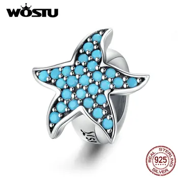 WOSTU de la Plata Esterlina 925 de la Estrella de mar de Silicona Tapón Espaciador Azul Circón Encantos Colgante Ajuste Original de la Pulsera de la Perla de la Joyería DXC1313