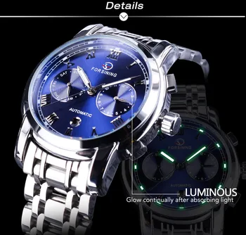 Forsining Impermeable Azul Océano Diseño De Acero Inoxidable De Visualización Del Calendario Mens Relojes Automáticos Parte Superior De La Marca De Lujo Reloj Mecánico