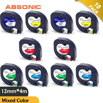 Absonic 10 paq. c 12mm 91201 12267 Cinta de Plástico Compatible para Dymo Letratag LT 91202 91221 91331 cinta adhesiva para LT-100H 100T de Impresión
