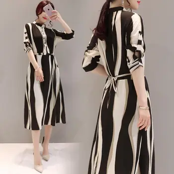 2018 Verano Estilo coreano de las Mujeres de Cuello de Pie a Rayas de Moda Casual Elegancia Dulce Delgado Botón de la mitad de la Pantorrilla Vestidos de Hots D89316Q