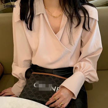 Corea Chic de la Moda Blusa de las Mujeres Camisas Y Blusas 2020 Blanco Turn-Down Collar OL Estilo de las Mujeres pierden Blusas de Gasa Camisa Tops