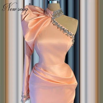 Arabia Saudita Cristales De Vestidos De Noche Elegante De Un Hombro Dubai Vestido De Fiesta Traje De Fiesta Largo Color Rosa Formal Prom Vestidos De 2020