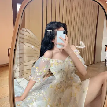 3D Floral Adolescente Vestido de las Niñas Puff Manga de Encaje de Gasa de Impresión de las Niñas Vestido de Fiesta de Verano de corea del Estilo de la Vendimia de Hadas Vestido de 12 20Y