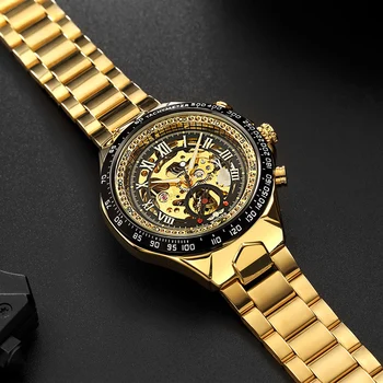 GANADOR de los Hombres Reloj deportivo Nuevo Diseño de Bisel de Oro para Hombre Reloj de los Relojes de la Marca Superior de Lujo de Relojes Homme Automático de los Hombres Reloj Esqueleto