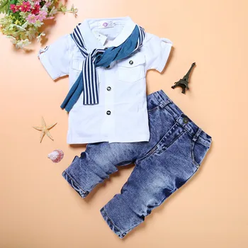 Ropa de bebé Niño Casual T-Shirt+Bufanda+Jeans 3pc hijo Conjunto de Ropa de Verano de los Niños Traje De 2-7 Años