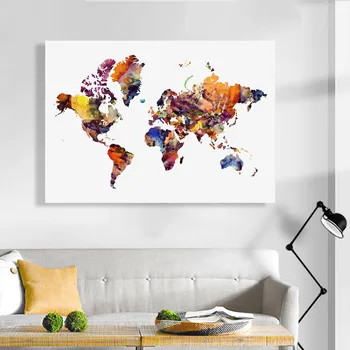 Abstracto Acuarela Mapa del Mundo de los Viajes de la Pared de Arte Pinturas en Lienzo de Fotos de carteles y de Impresión para la Sala de estar de la Cocina de la Decoración del Hogar
