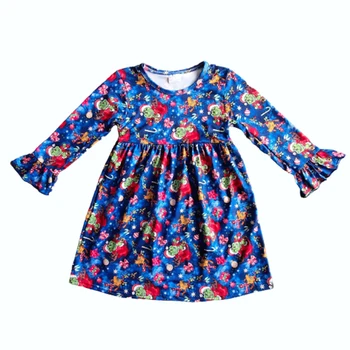 La navidad nuevo otoño y el invierno, caliente la venta de niña azul Raglan manga larga vestido de ropa de niños