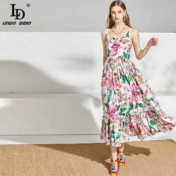 LD LINDA DELLA Verano Diseñador de la Correa de Espagueti Vestido de las Mujeres Elegantes de la Impresión Floral de Vacaciones Una Línea de Vestidos de las Señoras Vestido Midi 2020