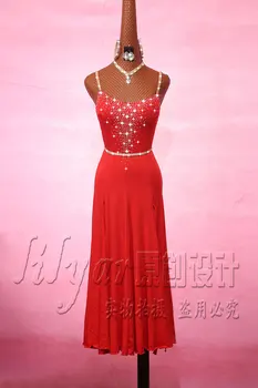 Brillantes diamantes de Imitación de color Rojo de Baile latino Vestido con Accesorios para Mujeres en Etapa de Rendimiento Cha Cha, Rumba, Samba Práctica de Ropa de Señora