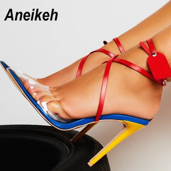 Aneikeh 2020 PVC Zapatos de Mujer Punta de Tacón Alto Sandalias de Fiesta de Verano de la Boda Zapatos de Vestir de la Cruz Correa de Tobillo con Hebilla Sandalias