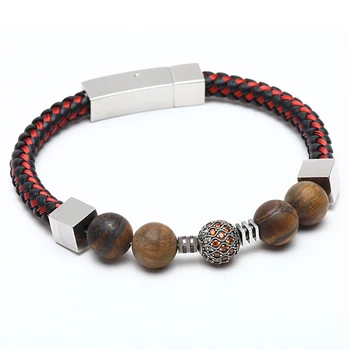 Mcllroy brazaletes de las pulseras de 10mm piedra natural perlas pulsera & pulsera de cuero de los hombres de acero inoxidable de la joyería de 2018 mens joyería