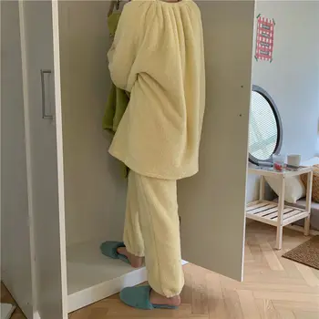 Las mujeres Pijama Conjuntos de Más Tamaño 3XL camiseta de Manga Larga y Pantalones de Polar de Coral Caliente ropa de dormir a Casa Suave Hembras Hermosas Pijamas de Ocio