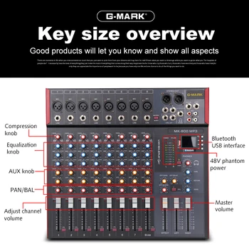 G-MARK MK800 Mezclador Profesional de Música con sonido de Estudio de la Consola de la Etapa de Mezcla de Micrófono de Fiesta DJ de la Iglesia de Alimentación Phantom de 48V