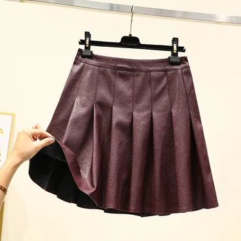 Gran Tamaño de la PU de la Mini Falda 2020 de la Nueva temporada Otoño-Invierno de Alta Cintura Suelta Plisado de la Falda de la Mujer de Una Línea de Moda de Cuero Negro de la Falda de la Femme