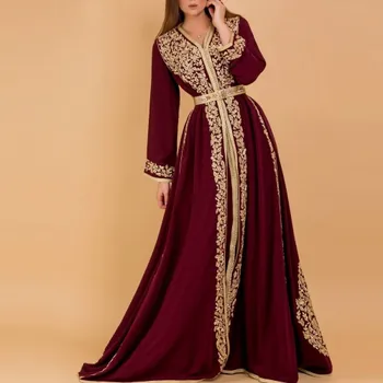 Elegante Borgoña Marroquí Kaftan Apliques De Oro Islámica Vestidos De Noche Con Mangas Largas, Por Encargo Árabe Vestidos De Fiesta