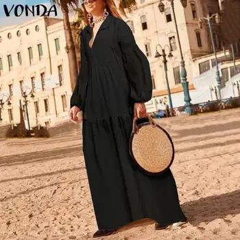 Vestido de otoño 2021 Bohemia de la Vendimia Fiesta Maxi Vestido Largo VONDA Vestido Casual de Cuello en V Largo de la Linterna de la Manga de la Túnica de Más el Tamaño de Vestido