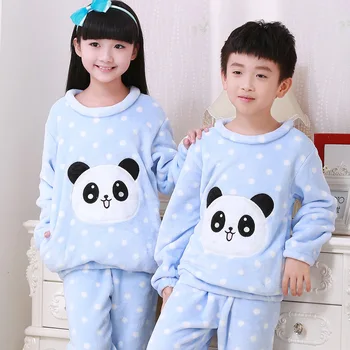 Invierno Para Niños Panda Pijama Conjunto Cálida Franela Pijamas Niñas Loungewear Polar De Coral De Niños Pijamas En Casa De Los Trajes De Adolescentes De Ropa