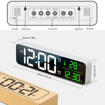 Digital de la Música alta, el LED de Alarma del Reloj de Pared de la Decoración del Hogar Dormitorios Mesa Escritorio Espejo Reloj con Temperatura de Termómetro,Calendario