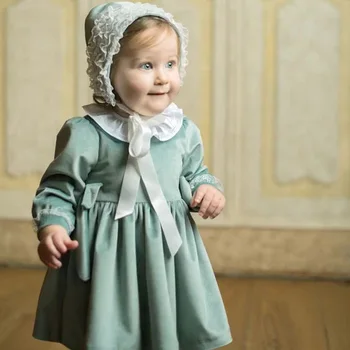 0-5 años Niñas de español de la Princesa Vestido de los Niños de España Vestidos de Niña de Vestido de Sombrero de Algodón de Manga Larga de Terciopelo Verde Vestido Para la Primavera