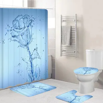 La Impresión en 3D Romántico de Agua de la Flor de la prenda Impermeable de la Ducha del Baño de la Cortina de Baño Cubierta de la Estera Antideslizante Estera en el Piso de Alfombra de Baño Conjunto