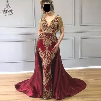 Dubai árabe Borgoña Overskirts Vestido de Noche de la Sirena de Oro Apliques de Encaje de la Borla Elegantes Vestidos de fiesta con cola Desmontable Vestido