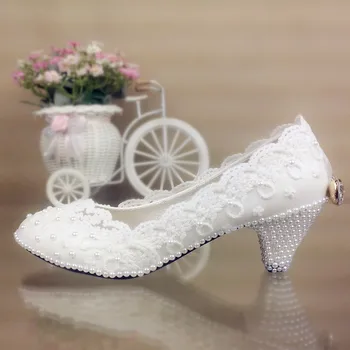 5 cm de Tacón Alto Blanco de Flores de la Boda zapatos de Novia, Damas de la Ronda del Dedo del pie zapatos de mujer de Moda Vestido de Fiesta zapatos de Mujer Bombas