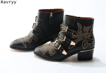 Primavera Otoño De La Moda De Mujer Botines Negro Zapatos De Oro Tachonado De Decoración De Metal En El Tobillo Con Hebilla De Diseño De La Punta Del Dedo Del Pie Botas Cortas