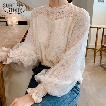 Primavera O-cuello de la Camisa de Mujer Blusa de Encaje de las Mujeres 2021 Manga Larga Dulce Mujer Camisa coreana Top Vintage Ropa de Señora de la Oficina