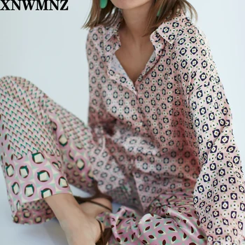 XNWMNZ Za Blusa de las Mujeres 2020 de la Moda Geométrica Botón Imprimir Blusas Vintage de Manga Larga Solapa de la Mujer Camisetas Blusas Tops Chic