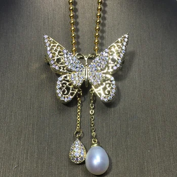 ZHBORUINI Moda Broche Perla Natural de agua Dulce de la Perla de Circón Borlas Mariposa Broche Perla preciosa de la Joyería Para las Mujeres de Regalo