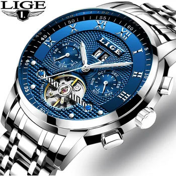 Relojes para hombre LIGE parte Superior de la Marca de Lujo Tourbillon Mecánico Automático para Hombre Reloj de Negocio de Acero Inoxidable Impermeable Reloj Relogio