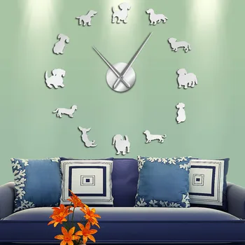 Dachshund Perro de Razas Grandes DIY Reloj de Pared Reloj de Cachorro Animales Espejo Pegatinas de la Tienda de Mascotas Decoración Colgante Reloj de Regalo Para los amantes de los Perros