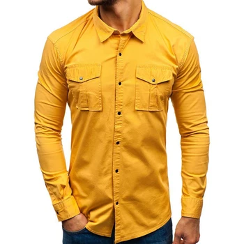 2020 Hombres de la Moda Larga de la Manga de la Camisa de Color Sólido Multi-Bolsillos de botón Slim Gire hacia Abajo el Cuello de la Camisa de la parte Superior de los Hombres de la Ropa M-3XL