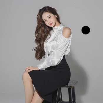 Vestido de seda de 2 piezas Traje de Corea moda de las señoras blancas irregulares tops Y Negro Midi Bodycon de la Falda para las mujeres Sexy de Oficina