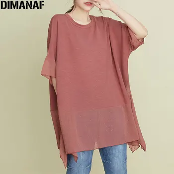 DIMANAF 2021 Plus Tamaño Mujeres T-Shirt de Moda Femenina Señora de Patchwork Oversize de Gasa O-Cuello de Algodón Suelta de Manga Corta Tops y Camisetas