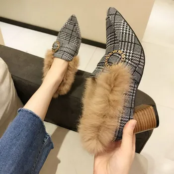 2018 zapatos de Mujer en el otoño y el invierno de desgaste de alta-de tacón grueso de los salvajes y de terciopelo único de los zapatos de punta de pata de gallo de zapatos de piel
