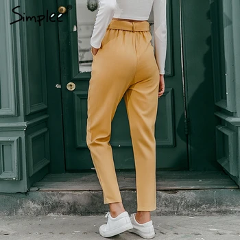 Simplee las mujeres Elegantes de la oficina de pantalones de Otoño a mediados de cintura alta plisado recortada pantalones Chic invierno con cinturón bolsillos de pantalones de damas 2019