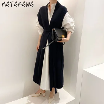 MATAKAWA Otoño Larga de Encaje de Cintura Suéter de Mujer Vestido de Suéter de Punto sin Mangas Vestidos de Corea del Ins Sólido Femme Túnica